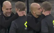 Pep Guardiola reclama al árbitro y lo termina besando Pep Guardiola reclama al árbitro y lo termina besando